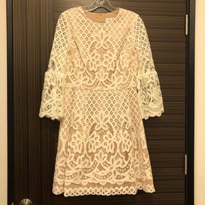 Gorgeous white lace-overlay dress w/bell sleeve